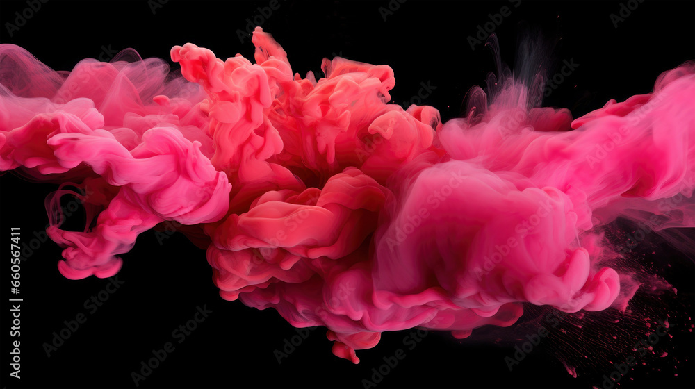 Obraz premium Exlosion of pink colored powder on black background, banner