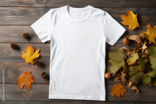 white black t-shirt mockup on wooden background with maple leaves, top view. autumn theme sale concept photo