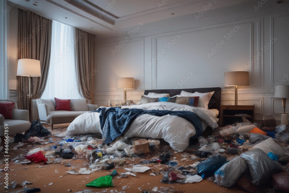 A messy hotel room after a wild party, with rubbish strewn all over the floor, bed unkempt and garbage bags littering the place. Guest on vacation trashing resort bedroom after a night of partying. - obrazy, fototapety, plakaty 