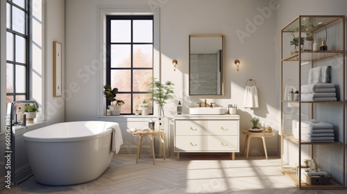 Bathroom with a modern vanity and shelves and a freestanding tub