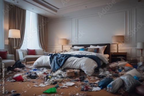 A messy hotel room after a wild party, with rubbish strewn all over the floor, bed unkempt and garbage bags littering the place. Guest on vacation trashing resort bedroom after a night of partying.
