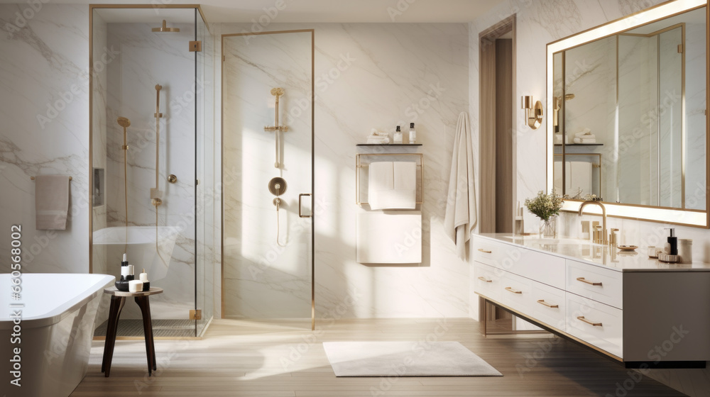 Bathroom with a modern vanity and a sleek glass shower and a gold-framed mirror - obrazy, fototapety, plakaty 
