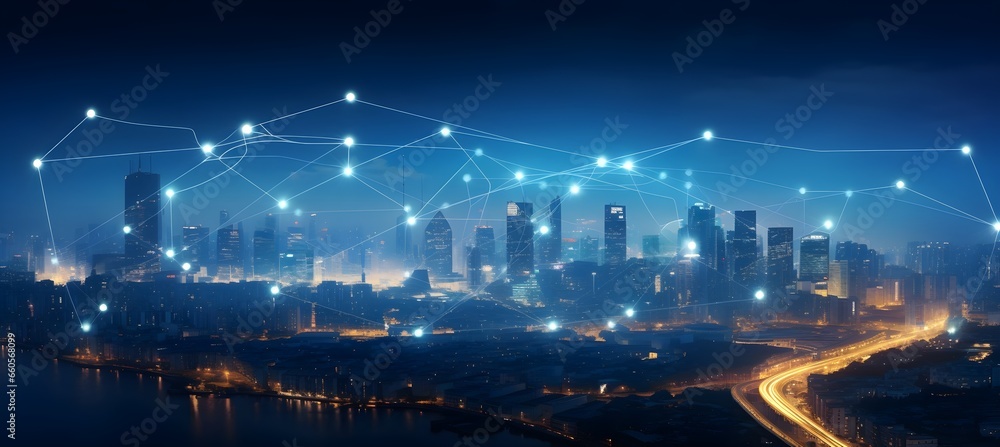 Connected City: Digital Network Over Urban Skyline. generative ai