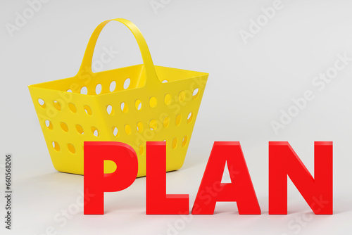 Luxury inscription idea Plan with yellow basket, soft light, smooth background, 3d rendering