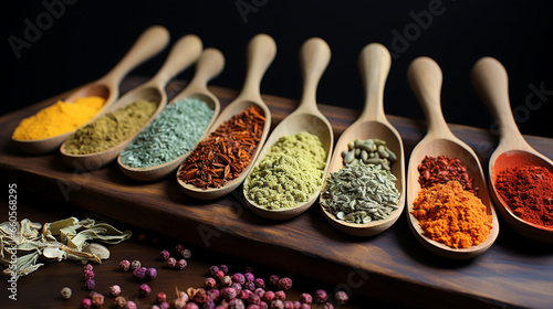 Fototapeta Naklejka Na Ścianę i Meble -  Traditional Sri Lankan recipe spices in spoons background 