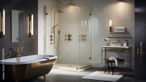Bathroom with a rainfall shower head and an illuminated vanity and a gold-framed mirror