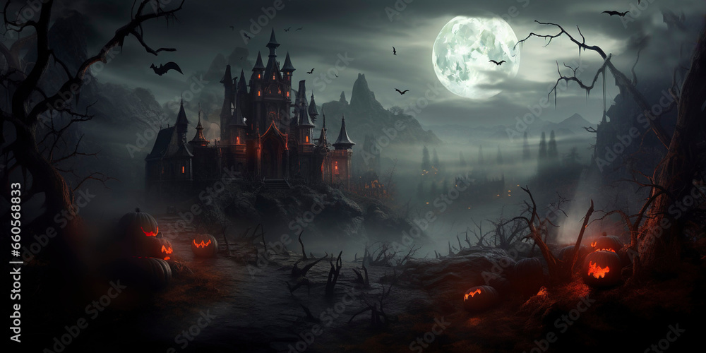 Fototapeta premium Old castle in the fog. Happy Halloween. Scary graveyard in creepy forest in october dark night autumn gloomy creepy graves with fog, castle and bats. Happy Halloween outdoor backdrop concept.