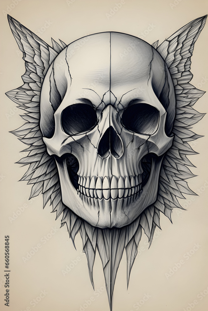 Fototapeta premium black and white skull tattoo illustration, skull pencil drawing
