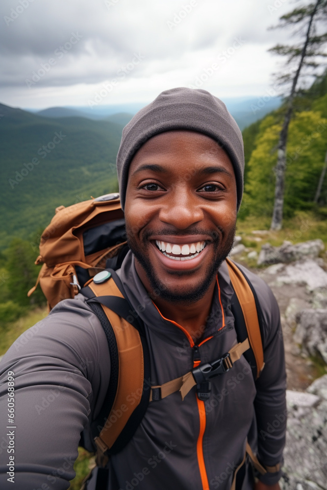 Happy young black man captures vacation memories with a friendly smile, taking a mobile selfie amidst the picturesque mountain landscape