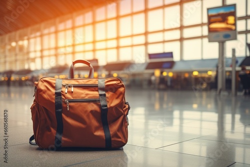 Blurred airport interior with bag in focus, emphasizing travel. Generative AI
