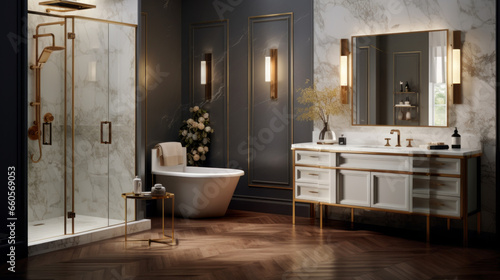 Bathroom with a walk-in shower and a vanity and a gold-framed mirror