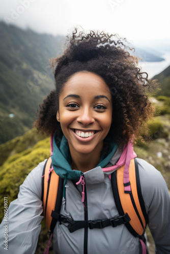 Happy young black woman captures vacation memories with a friendly smile, taking a mobile selfie amidst the picturesque mountain landscape
