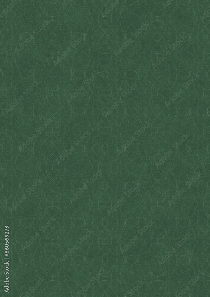 Fototapeta premium Hand-drawn unique abstract symmetrical seamless ornament. Bright semi transparent green on a deep warm green background. Paper texture. Digital artwork, A4. (pattern: p10-1f)