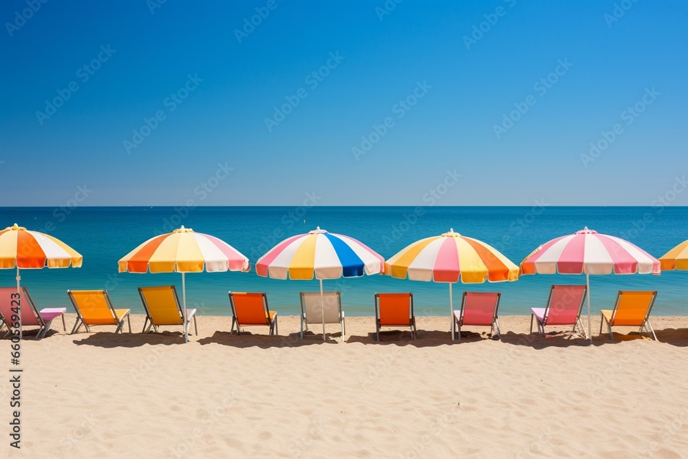 A peaceful beach with vibrant beach umbrellas scattering the coast. Generative AI