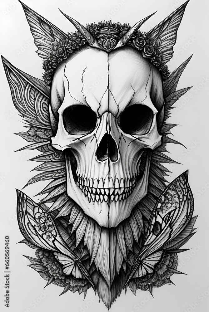 Obraz premium black and white skull tattoo illustration, skull pencil drawing