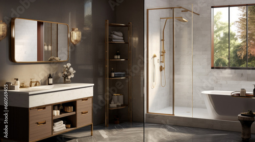 Bathroom with a walk-in shower and a floating vanity and a gold-framed mirror