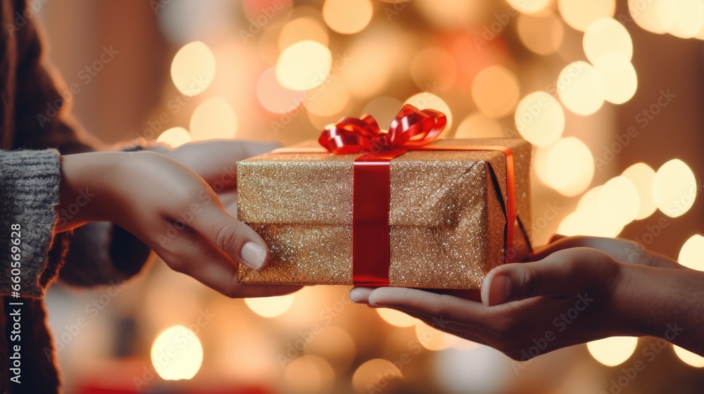 Close up woman giving an attractive young friend a surprise gift gift-wrapped with red paper and a bow to celebrate Christmas or New Year, generative ai Close up woman giving an attractive young friend a surprise gift gift-wrapped with red paper and a bow to celebrate Christmas or New Year, generative ai
