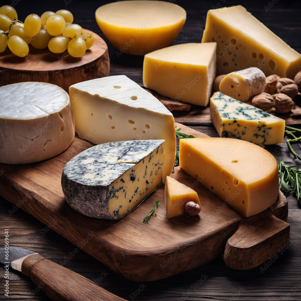 Wooden board with different kinds of delicious cheese on table. Generative Ai. Wooden board with different kinds of delicious cheese on table. Generative Ai.