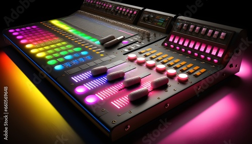 audio mixing desk emanating with neon colours photo realistic Volumetric Lighting 