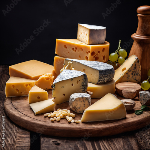 Wooden board with different kinds of delicious cheese on table. Generative Ai.	