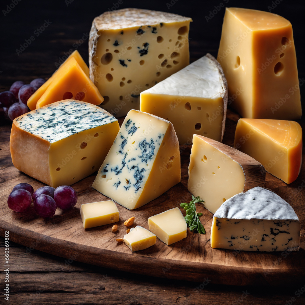 Wooden board with different kinds of delicious cheese on table. Generative Ai. Wooden board with different kinds of delicious cheese on table. Generative Ai.