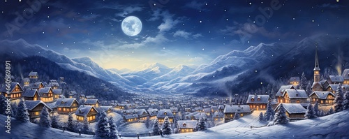 Winter village in the mountains at night with full moon and stars.Starry Night Over a Snowy Town.christmas wallpaper.