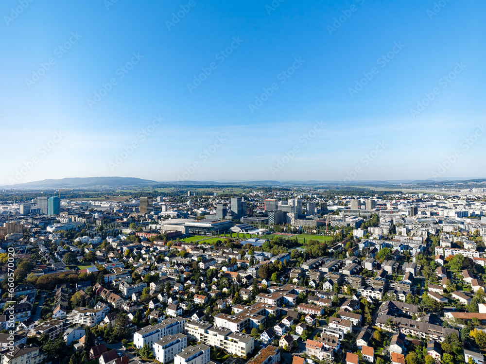 Obraz premium Aerial view of Swiss City of Zürich on a sunny autumn afternoon. Photo taken October 11th, 2023, Zurich, Switzerland.