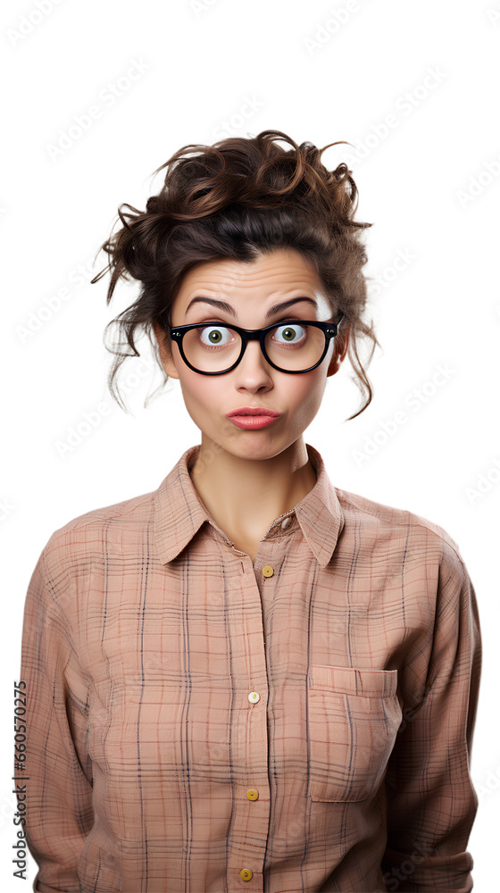 Funny Nerd Woman with curly hair wearing glasses, beautiful nerd girl. Isolated on Transparent background.