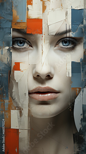An abstract portrait of a woman's face with colored pieces