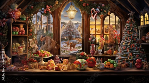 Christmas decoration in front of the window of a fairy tale house. © png-jpeg-vector