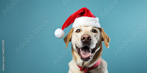 Happy Labrador in Santa Claus hat and antlers sits on a blue background, copy space