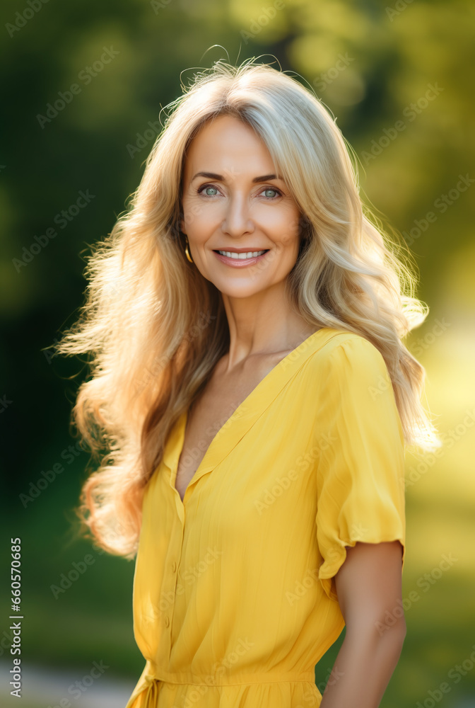 Cute middle aged woman smiling in yellow dress. Generated by AI. Cute middle aged woman smiling in yellow dress. Generated by AI.