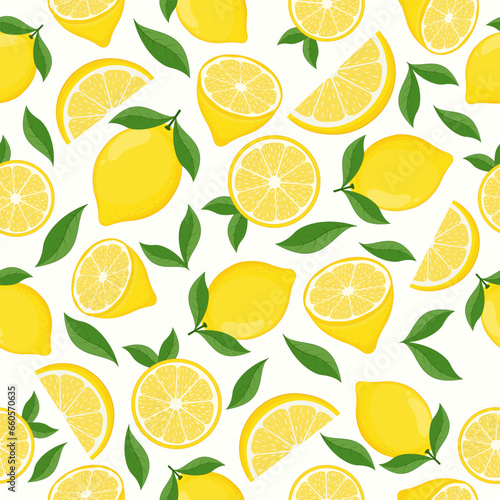 Tropical seamless pattern with yellow lemons. Fruit repeated background. Vector illustration for design and print