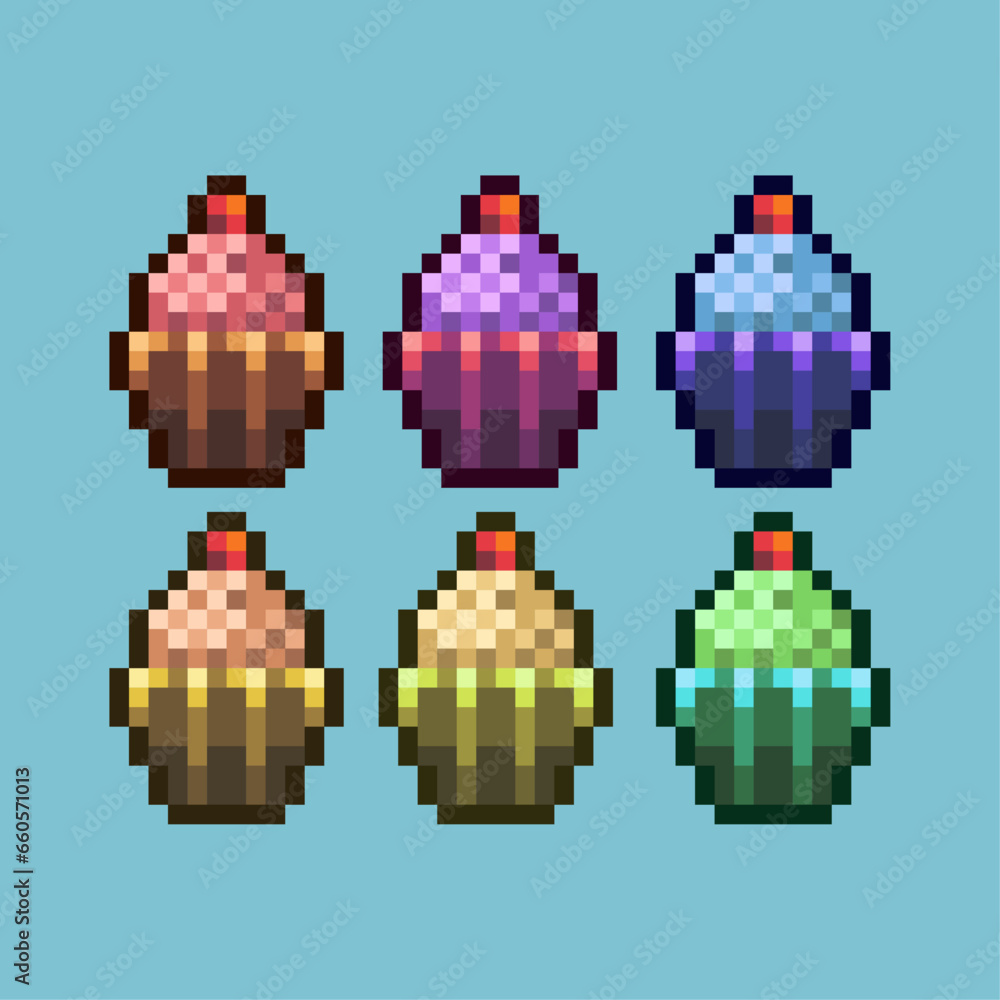Pixel art sets of cake birthday with variation color item asset. Simple bits of birthday cake food on pixelated style. 8bits perfect for game asset or design asset element for your game design asset. Pixel art sets of cake birthday with variation color item asset. Simple bits of birthday cake food on pixelated style. 8bits perfect for game asset or design asset element for your game design asset.