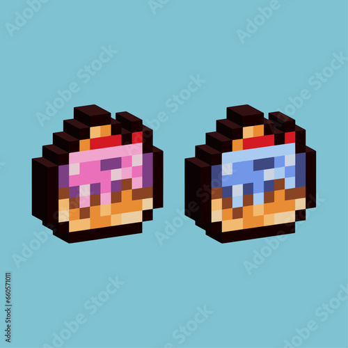 Isometric Pixel art 3d of cake for items asset. Sweet cake on pixelated style.8bits perfect for game asset or design asset element for your game design asset.