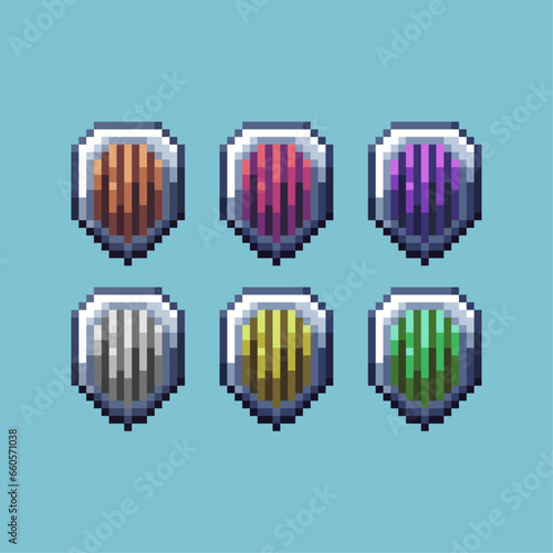 Pixel art sets of shield with variati on on color item asset. Simple bits of shield on pixelated style. 8bits perfect for game asset or design asset element for your game design asset.