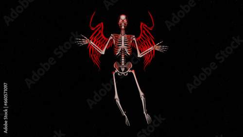3d rendered skeleton with blood with wings in space galaxy with stars glowing red, Ghost character Y2K 80s 70s retro wallpaper. 4K Background halloween