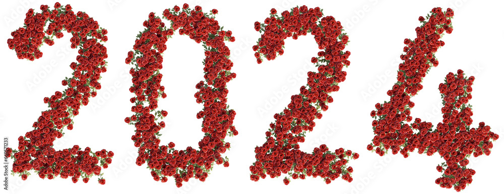 Floral Typography Font Art Made of Flowers, 3D rendering, new year 2024 Floral Typography Font Art Made of Flowers, 3D rendering, new year 2024