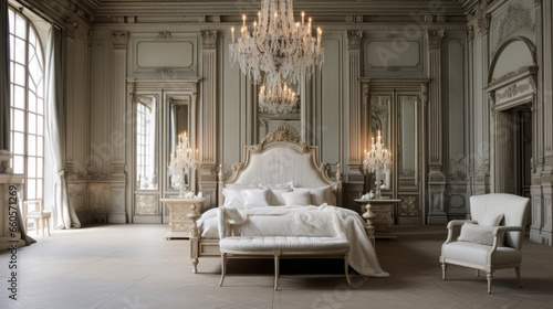 Bedroom with a four-poster bed and a velvet chaise lounge and a crystal chandelier  © Textures & Patterns