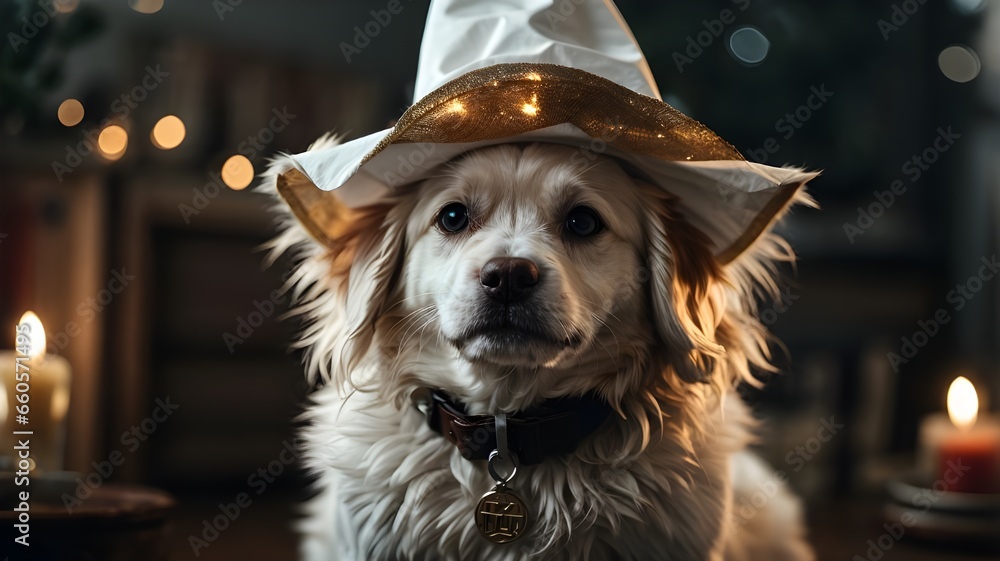 portrait of a shepherd dog. portrait of a dog. A dog ware a muffler and hat. Ai ganerated image