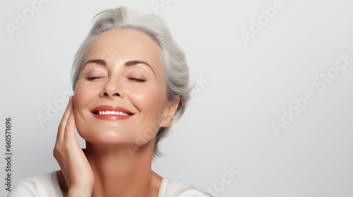 STYLISH ELEGANT MATURE LADY SHOWING OFF HER SMOOTH SKIN. HORIZONTAL IMAGE. image created by legal AI