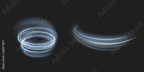 Realistic set of snow storm or wind swirls isolated on transparent background. Vector illustration of white spiral, wave, curve vortex effect. Symbol of fresh air, blizzard, magic power speed, tornado