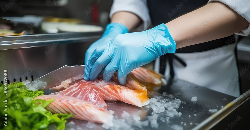 Сlose-up of the sous chef hands slicing fresh red fish for sashimi, sushi or rolls. The process of fish preparation in the Japanese restaurant kitchen. 
