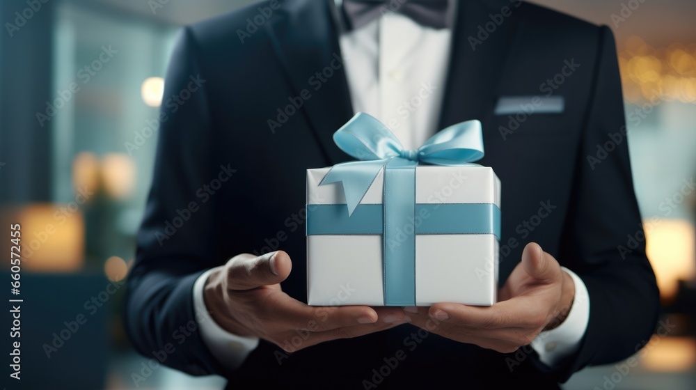 Close up - Hands of businessman in blue shirt holding gift box. Business concept, generative ai Close up - Hands of businessman in blue shirt holding gift box. Business concept, generative ai