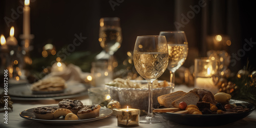 Festively set table with glasses  champagne and snacks. Christmas tree with bokeh on background