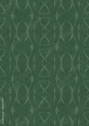 Hand-drawn unique abstract symmetrical seamless ornament. Bright semi transparent green on a deep warm green background. Paper texture. Digital artwork, A4. (pattern: p10-4e)