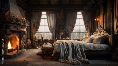 Bedroom with a large king size bed and velvet curtains and a fireplace