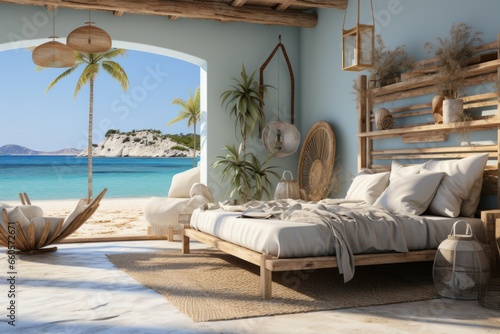  A beach - themed bedroom with nautical decor, light blue walls, and a driftwood bed frame © Aurora Blaze