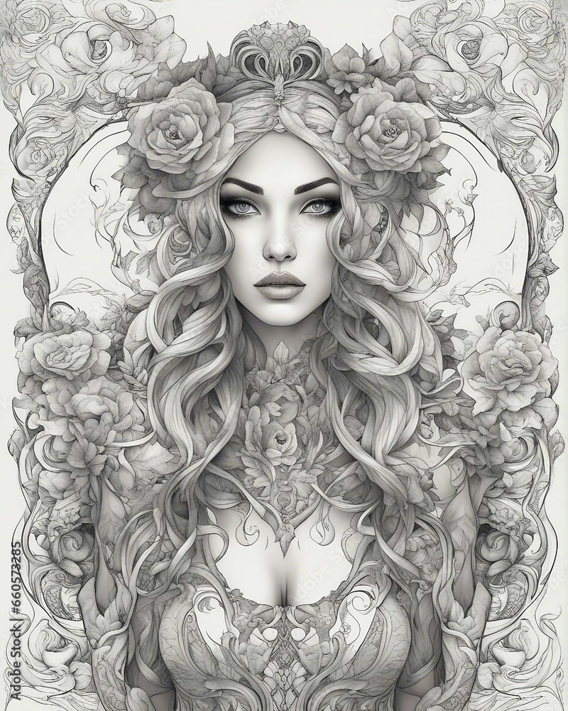 image of a beautiful woman with tattoos, coloring book style, darkly romantic illustration, black and white coloring, detailed beauty portrait, outlined art, illustration black outlining, goddess image of a beautiful woman with tattoos, coloring book style, darkly romantic illustration, black and white coloring, detailed beauty portrait, outlined art, illustration black outlining, goddess