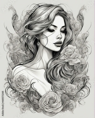 image of a beautiful woman with tattoos, coloring book style, darkly romantic illustration, black and white coloring, detailed beauty portrait, outlined art, illustration black outlining, goddess
